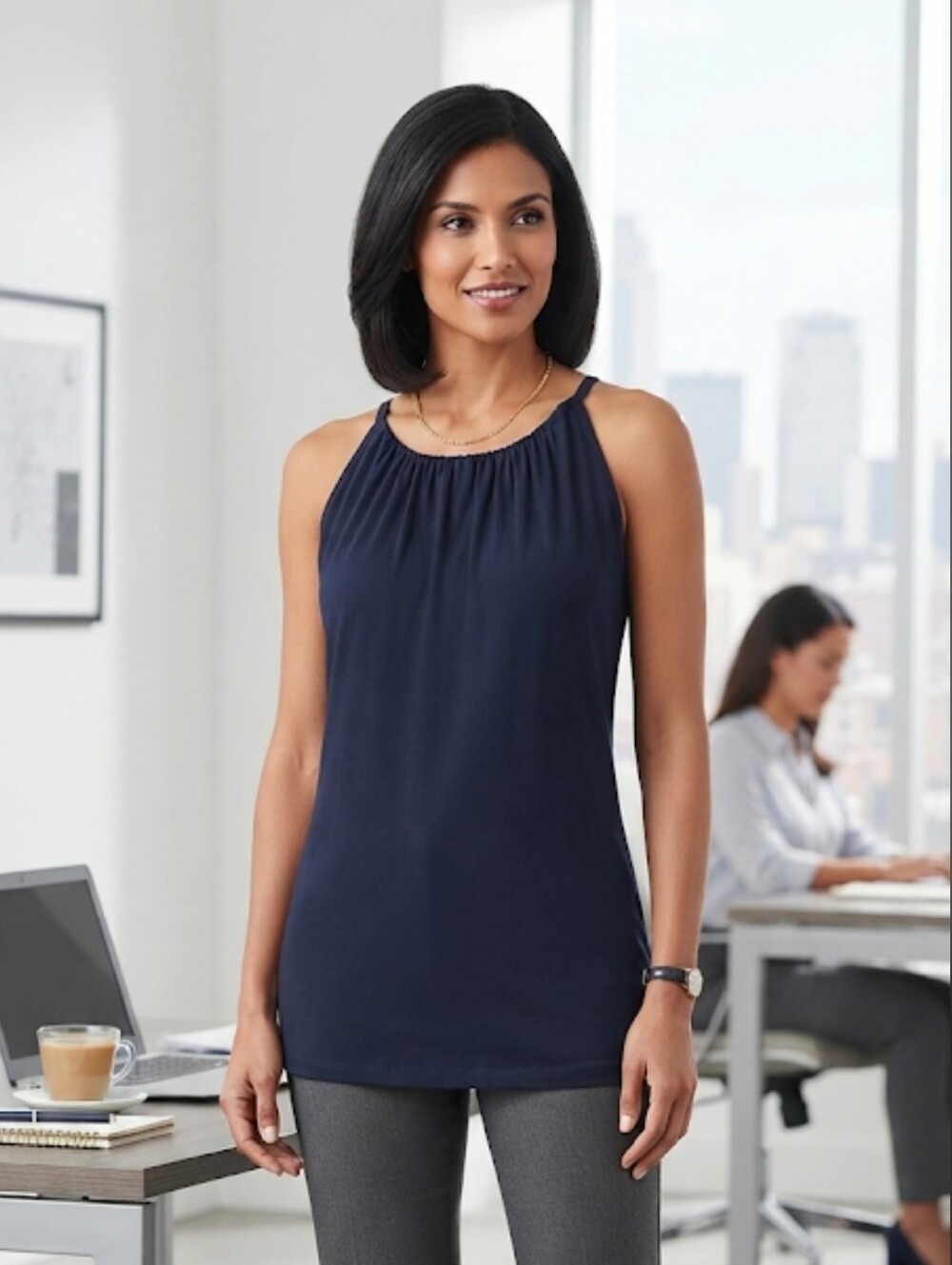 GAbi Navy Gathered Halter Neck Women's Tank Top Lomg Tunic